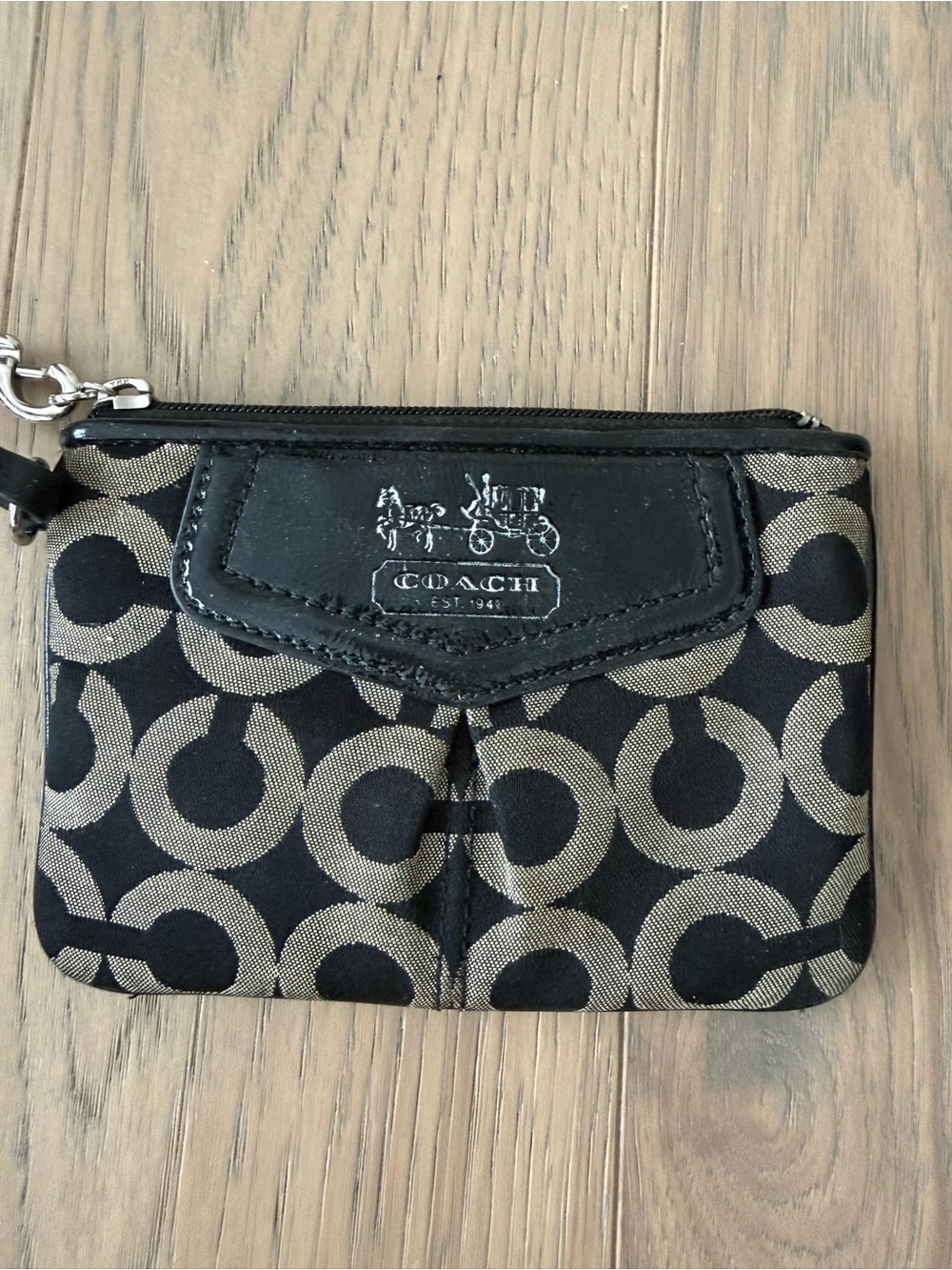 Coach Black & Khaki Signature C Card Pouch with Leather Trim